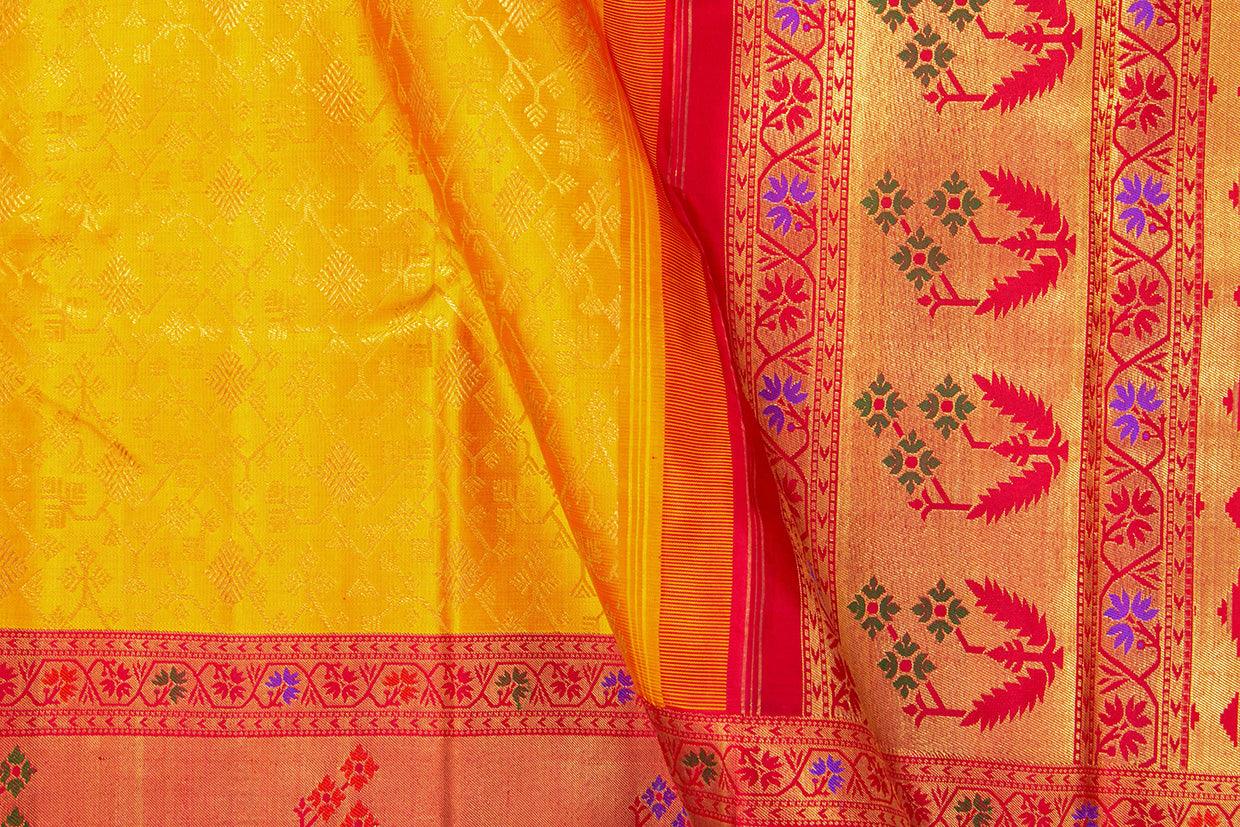 Yellow And Red Kanchipuram Silk Saree With Paithani Style Border Handwoven Pure Silk For Wedding Wear PV NYC 988 - Silk Sari - Panjavarnam PV NYC 988