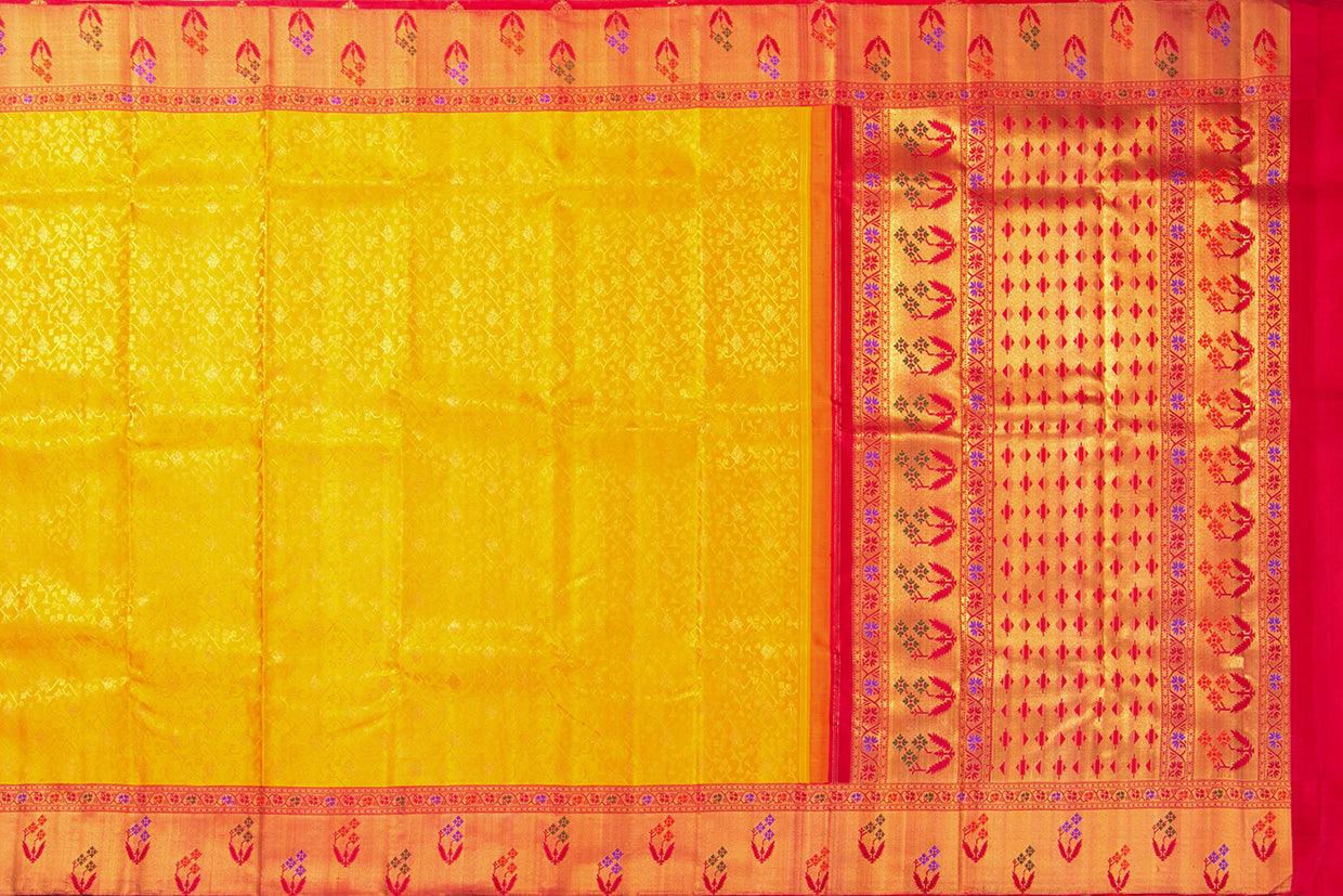 Yellow And Red Kanchipuram Silk Saree With Paithani Style Border Handwoven Pure Silk For Wedding Wear PV NYC 988 - Silk Sari - Panjavarnam PV NYC 988