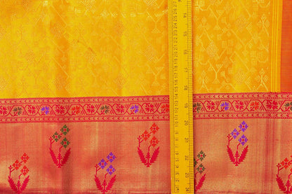 Yellow And Red Kanchipuram Silk Saree With Paithani Style Border Handwoven Pure Silk For Wedding Wear PV NYC 988 - Silk Sari - Panjavarnam PV NYC 988