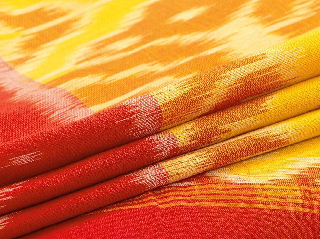 Yellow And Red Pochampally Ikkat Cotton Saree Handwoven Geometric Patterns SC 140 - Cotton Saree - Panjavarnam SC 140