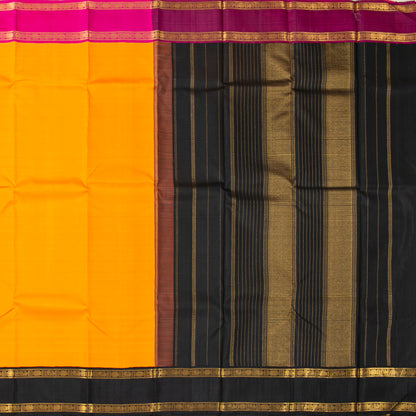 Yellow, black and pink Kanchipuram Silk Saree Ganga Jamuna Border For Festive Wear PV NYC 1525 - Silk Sari - Panjavarnam PV NYC 1525