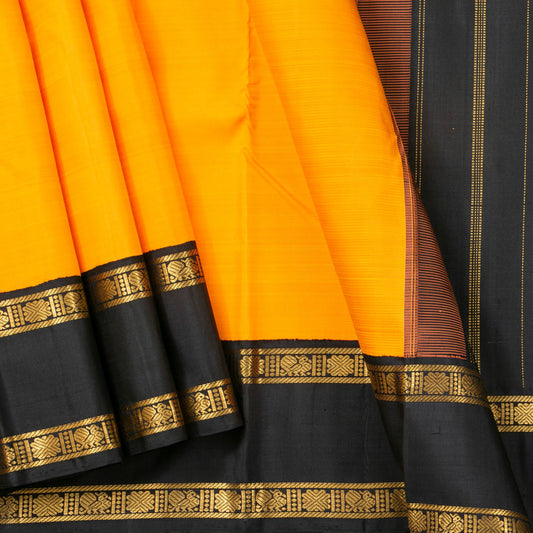 Yellow, black and pink Kanchipuram Silk Saree Ganga Jamuna Border For Festive Wear PV NYC 1525 - Silk Sari - Panjavarnam PV NYC 1525