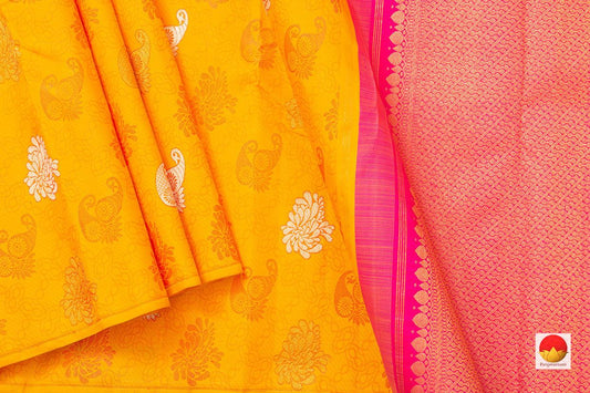 Yellow Borderless Kanchipuram Silk Saree With Floral Silk Thread Work Handwoven Pure Silk Pure Zari For Festive Wear PV NYC 1033 - Silk Sari - Panjavarnam