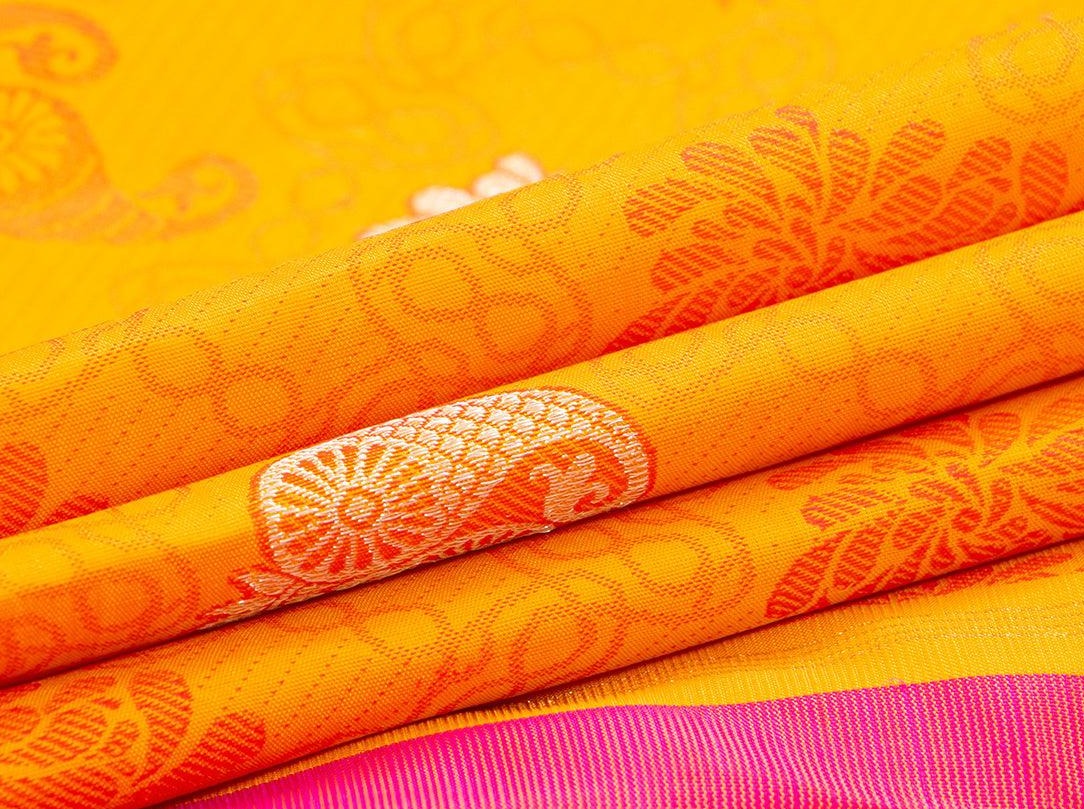 Yellow Borderless Kanchipuram Silk Saree With Floral Silk Thread Work Handwoven Pure Silk Pure Zari For Festive Wear PV NYC 1033 - Silk Sari - Panjavarnam