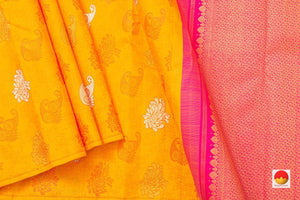 Yellow Borderless Kanchipuram Silk Saree With Floral Silk Thread Work Handwoven Pure Silk Pure Zari For Festive Wear PV NYC 1033 - Silk Sari - Panjavarnam PV NYC 1033