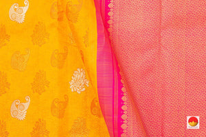 Yellow Borderless Kanchipuram Silk Saree With Floral Silk Thread Work Handwoven Pure Silk Pure Zari For Festive Wear PV NYC 1033 - Silk Sari - Panjavarnam PV NYC 1033