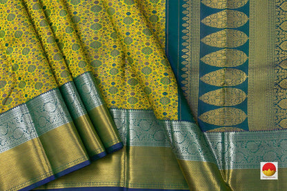 Yellow Jacquard Kanchipuram Silk Saree Handwoven Pure Silk Pure Zari For Wedding Wear PV NYC 656 - Silk Sari - Panjavarnam PV NYC 656