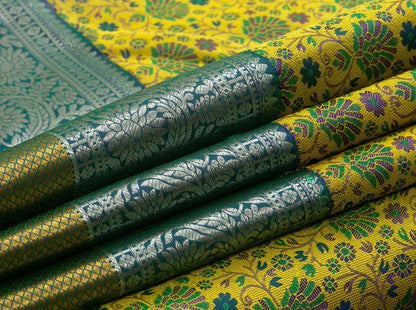 Yellow Jacquard Kanchipuram Silk Saree Handwoven Pure Silk Pure Zari For Wedding Wear PV NYC 656 - Silk Sari - Panjavarnam PV NYC 656