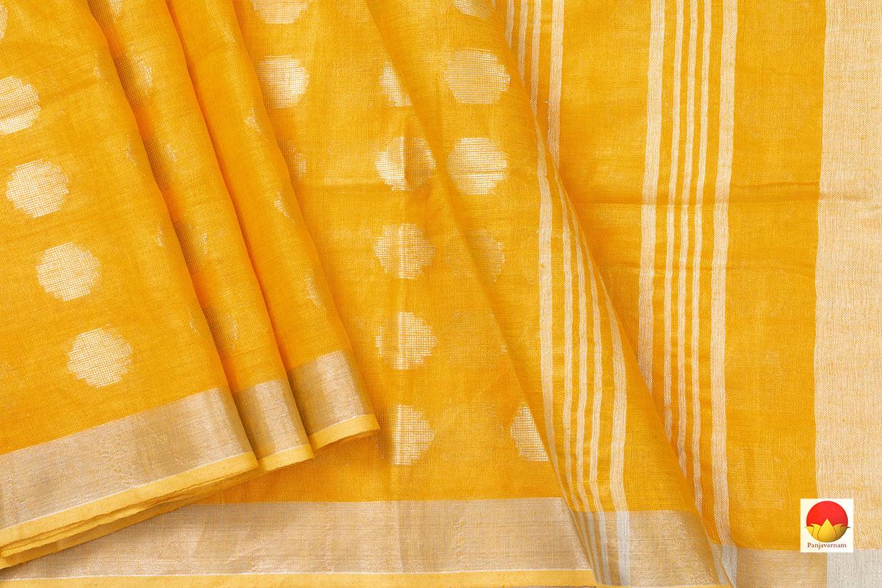 Yellow Jamdani Pure Linen Saree With Silver Zari Border Handwoven PL 2011 - Linen Sari - Panjavarnam PL 2011