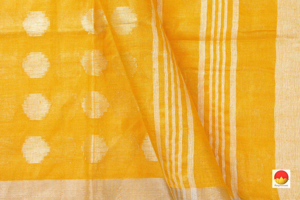 Yellow Jamdani Pure Linen Saree With Silver Zari Border Handwoven PL 2011 - Linen Sari - Panjavarnam PL 2011