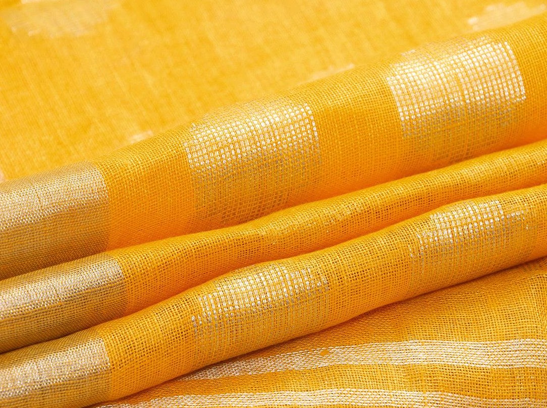 Yellow Jamdani Pure Linen Saree With Silver Zari Border Handwoven PL 2011 - Linen Sari - Panjavarnam PL 2011