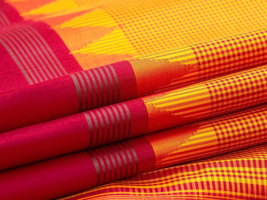 Yellow Kanchipuram Silk Saree Handwoven Pure Silk Khasa Khasa Checks Temple Border No Zari PV KNN 187 - Silk Sari - Panjavarnam
