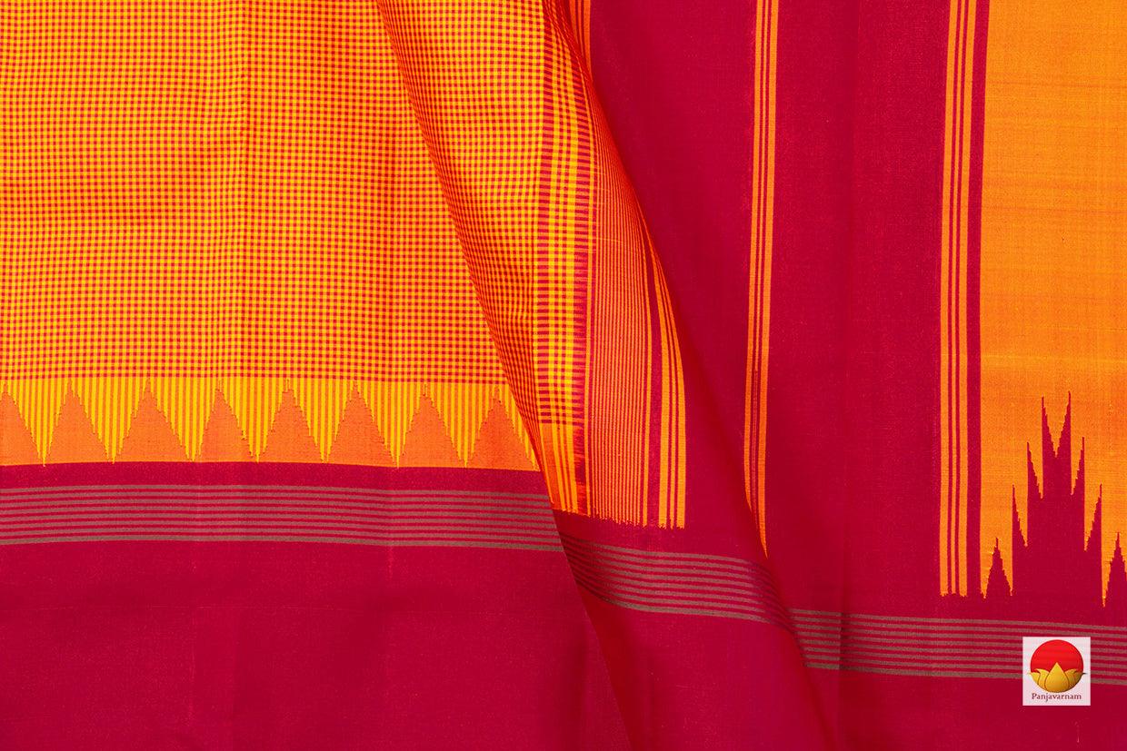 Yellow Kanchipuram Silk Saree Handwoven Pure Silk Khasa Khasa Checks Temple Border No Zari PV KNN 187 - Silk Sari - Panjavarnam PV KNN 187