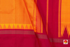 Yellow Kanchipuram Silk Saree Handwoven Pure Silk Khasa Khasa Checks Temple Border No Zari PV KNN 187 - Silk Sari - Panjavarnam PV KNN 187