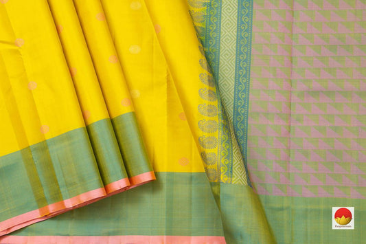 Yellow Kanchipuram Silk Saree Handwoven Pure Silk No Zari Light Weight With Medium Border Office Wear PV KNN 181 - Silk Sari - Panjavarnam