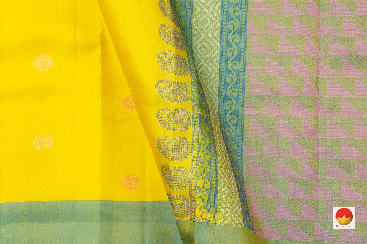 Yellow Kanchipuram Silk Saree Handwoven Pure Silk No Zari Light Weight With Medium Border Office Wear PV KNN 181 - Silk Sari - Panjavarnam PV KNN 181