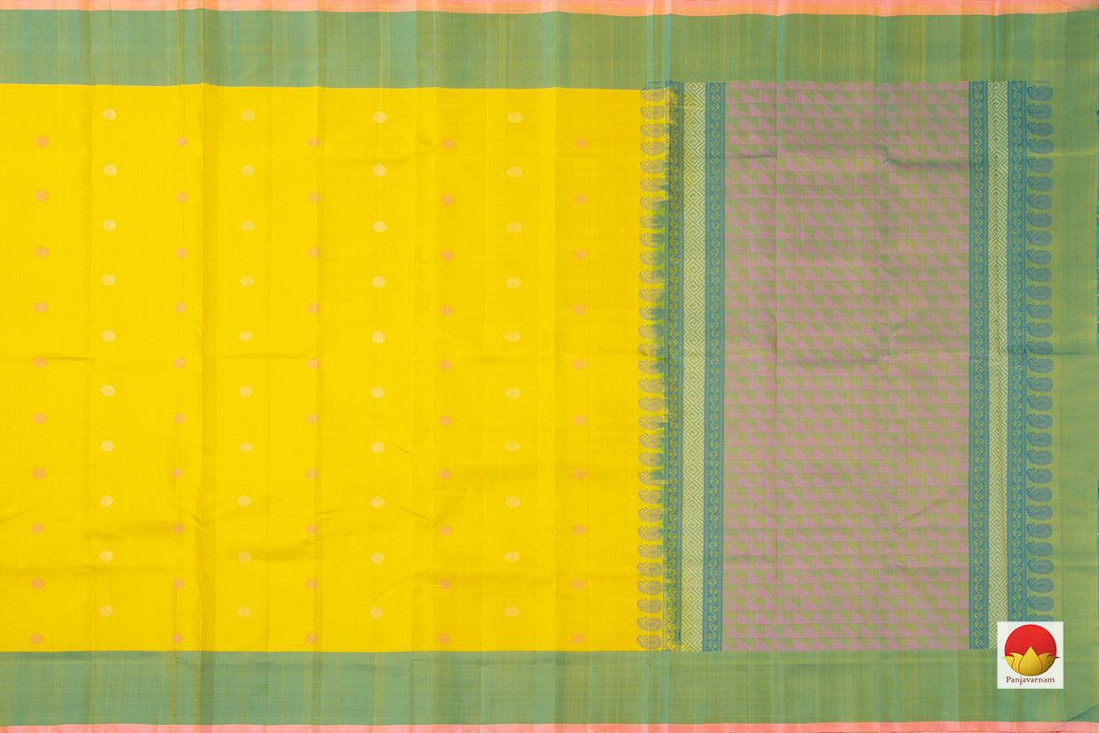 Yellow Kanchipuram Silk Saree Handwoven Pure Silk No Zari Light Weight With Medium Border Office Wear PV KNN 181 - Silk Sari - Panjavarnam PV KNN 181