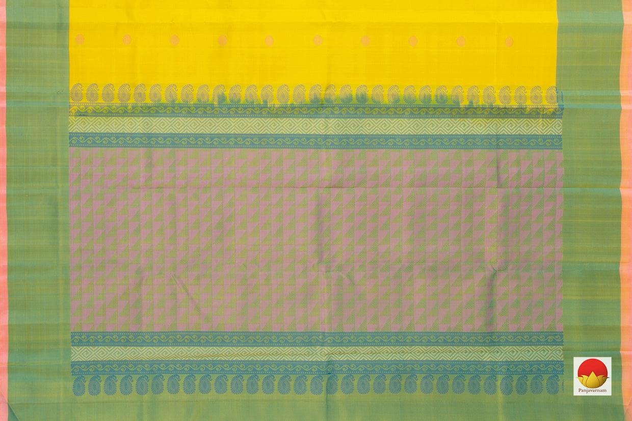 Yellow Kanchipuram Silk Saree Handwoven Pure Silk No Zari Light Weight With Medium Border Office Wear PV KNN 181 - Silk Sari - Panjavarnam PV KNN 181