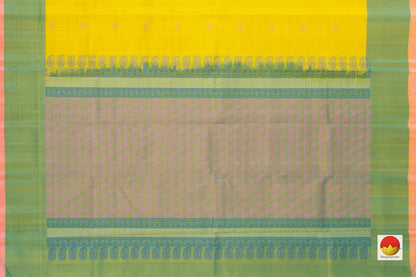 Yellow Kanchipuram Silk Saree Handwoven Pure Silk No Zari Light Weight With Medium Border Office Wear PV KNN 181 - Silk Sari - Panjavarnam PV KNN 181