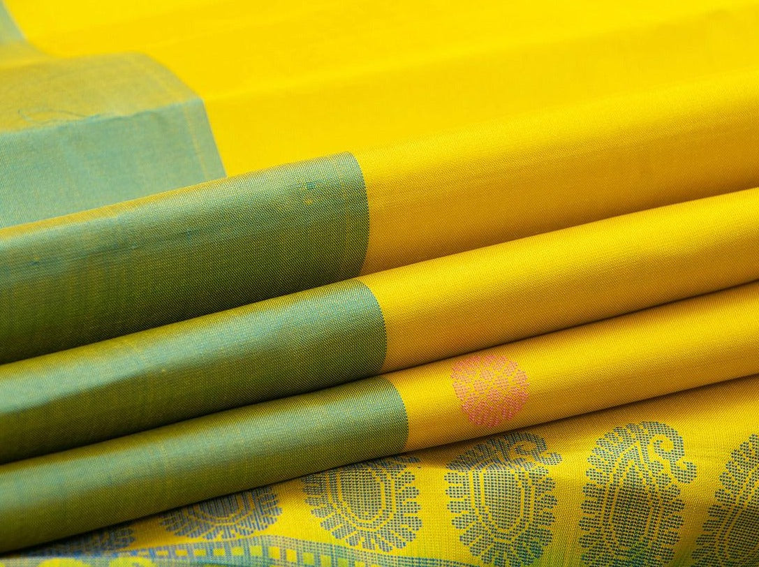 Yellow Kanchipuram Silk Saree Handwoven Pure Silk No Zari Light Weight With Medium Border Office Wear PV KNN 181 - Silk Sari - Panjavarnam PV KNN 181