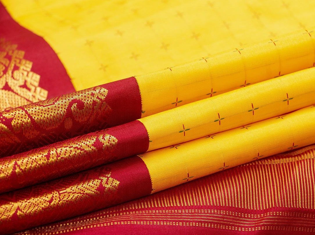 Yellow Kanchipuram Silk Saree With Ganga Jamuna Border Handwoven Pure Silk For Festive Wear PV NYC 1063 - Silk Sari - Panjavarnam PV NYC 1063