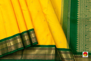 Yellow Kanchipuram Silk Saree With Green Contrast Korvai Border Handwoven Pure Silk Pure Zari For Wedding Wear PV NYC 658 - Silk Sari - Panjavarnam PV NYC 658