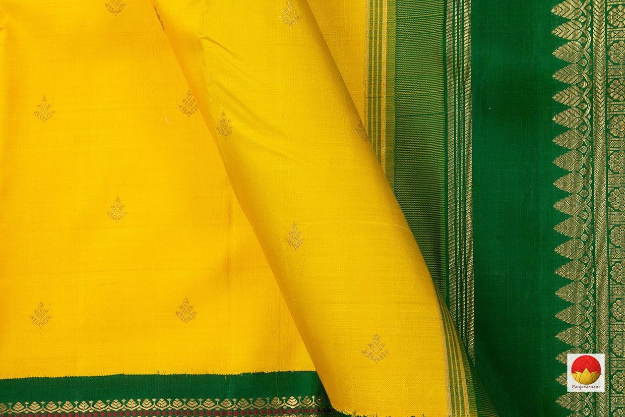 Yellow Kanchipuram Silk Saree With Green Contrast Korvai Border Handwoven Pure Silk Pure Zari For Wedding Wear PV NYC 658 - Silk Sari - Panjavarnam PV NYC 658