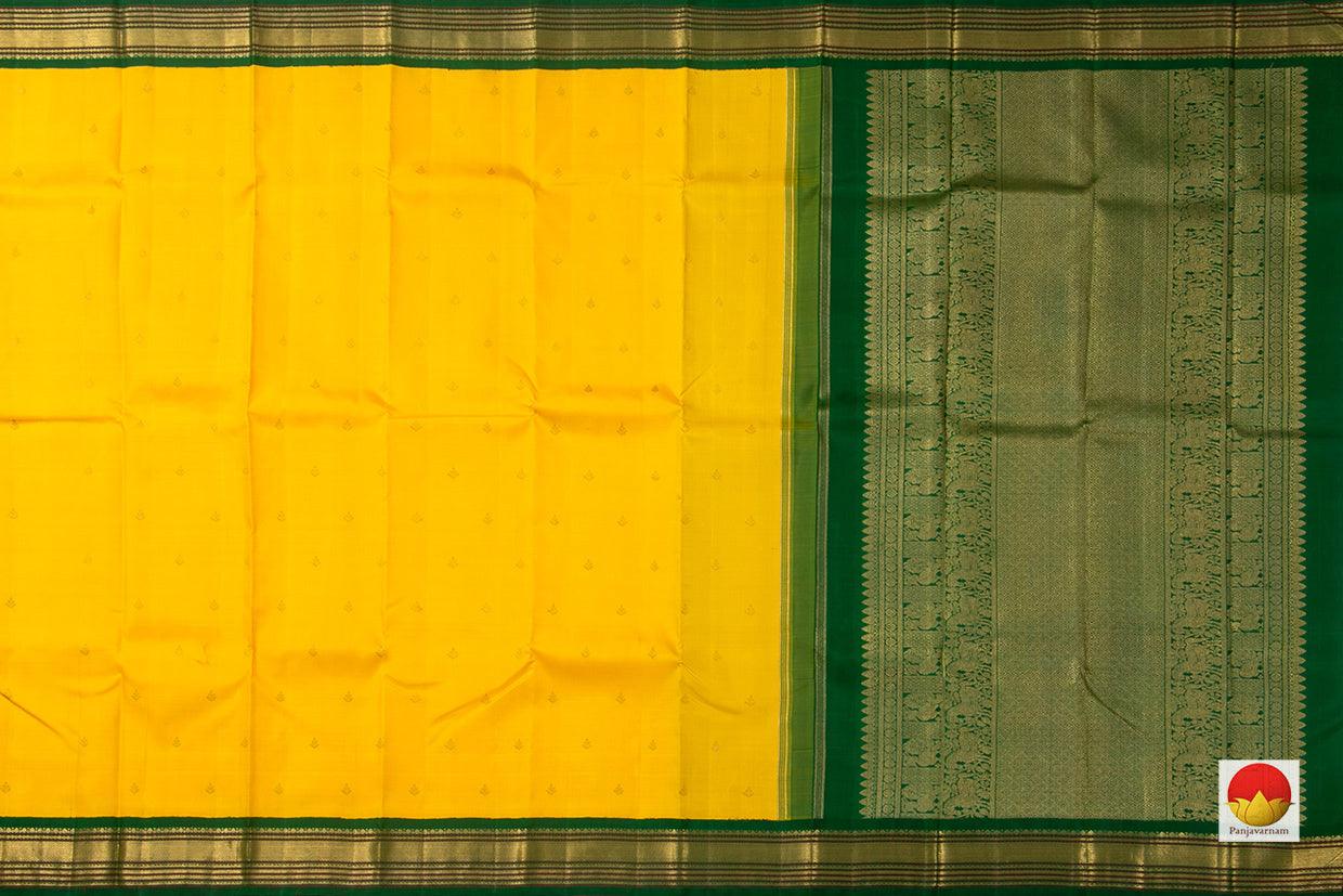 Yellow Kanchipuram Silk Saree With Green Contrast Korvai Border Handwoven Pure Silk Pure Zari For Wedding Wear PV NYC 658 - Silk Sari - Panjavarnam PV NYC 658