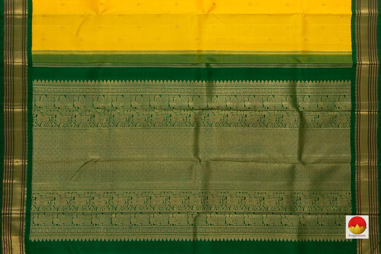 Yellow Kanchipuram Silk Saree With Green Contrast Korvai Border Handwoven Pure Silk Pure Zari For Wedding Wear PV NYC 658 - Silk Sari - Panjavarnam PV NYC 658