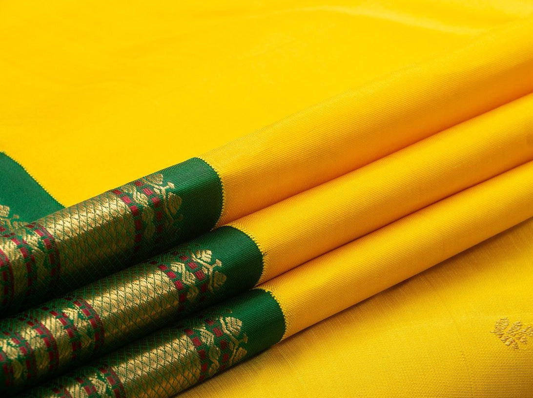 Yellow Kanchipuram Silk Saree With Green Contrast Korvai Border Handwoven Pure Silk Pure Zari For Wedding Wear PV NYC 658 - Silk Sari - Panjavarnam PV NYC 658