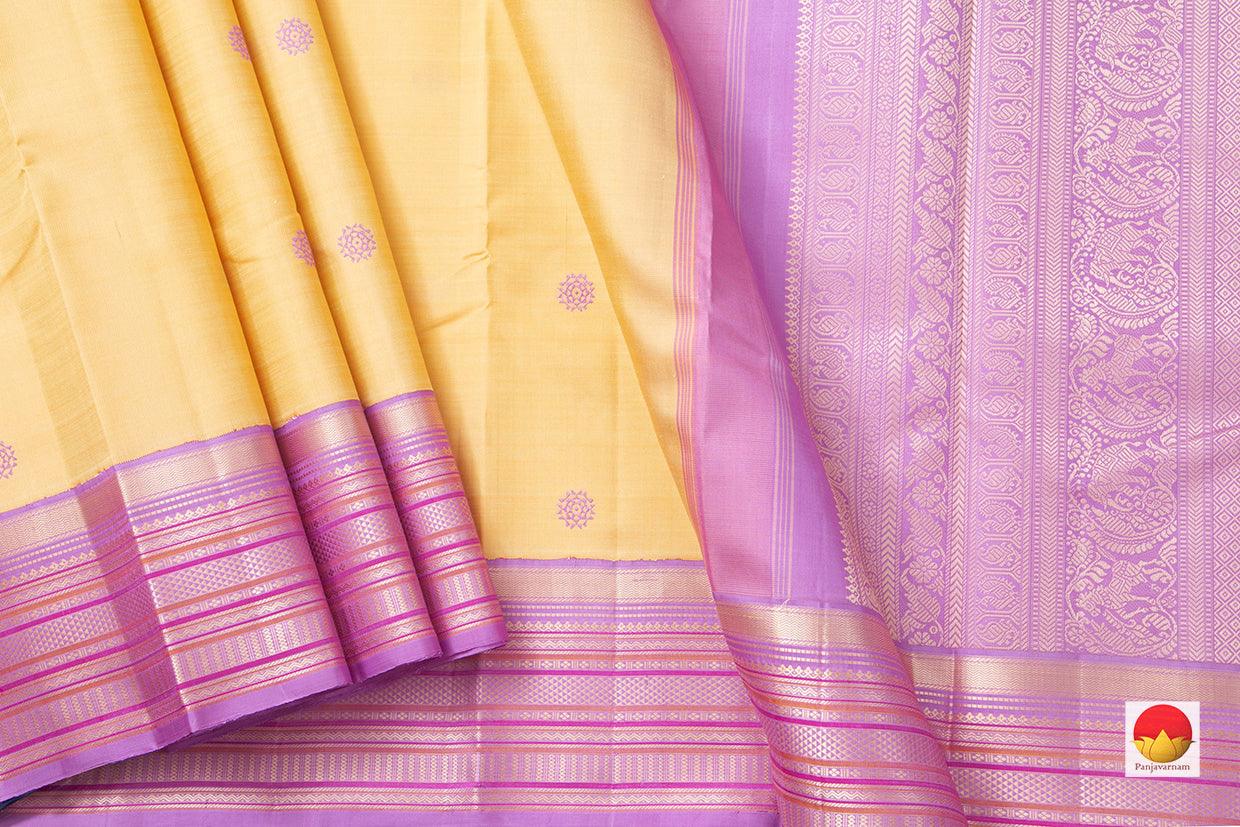 Yellow Kanchipuram Silk Saree With Lavender Border Handwoven Pure Silk Pure Zari For Wedding Wear PV NYC 919 - Silk Sari - Panjavarnam PV NYC 919