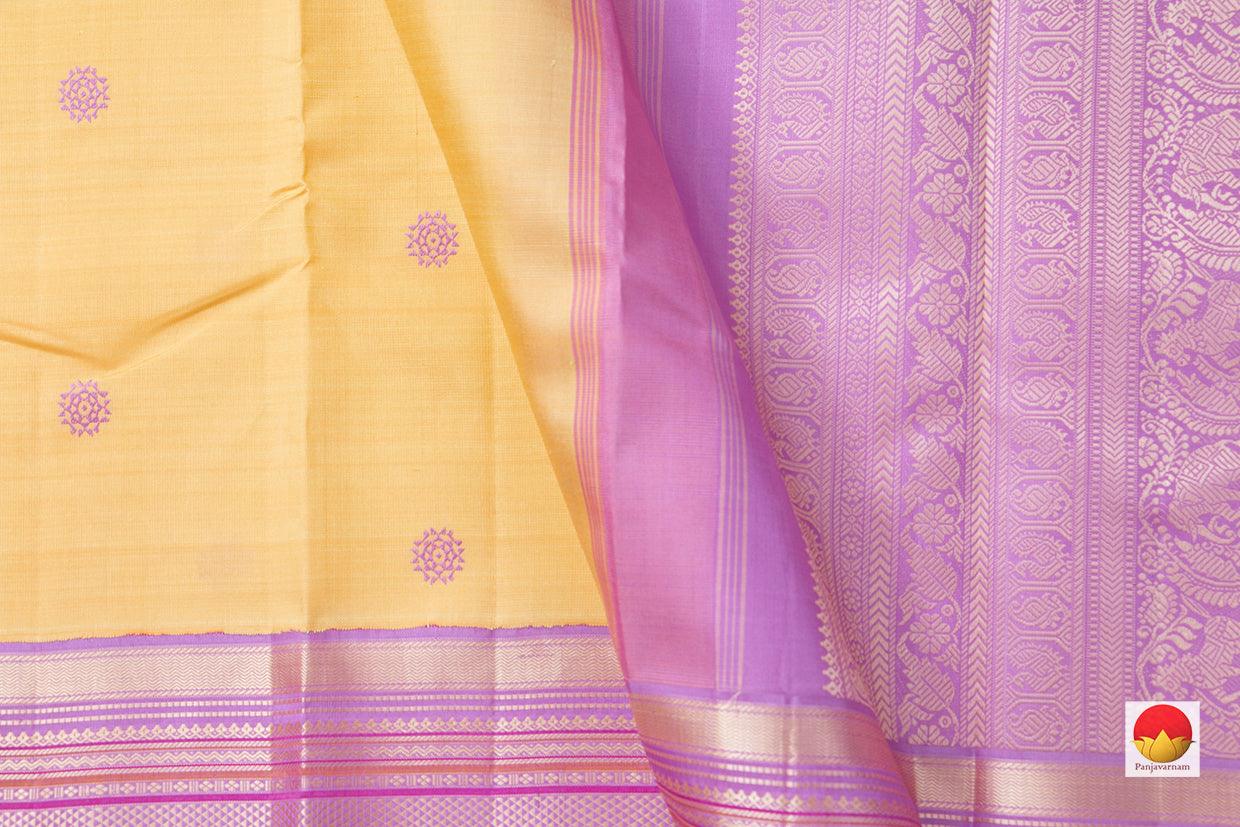 Yellow Kanchipuram Silk Saree With Lavender Border Handwoven Pure Silk Pure Zari For Wedding Wear PV NYC 919 - Silk Sari - Panjavarnam PV NYC 919