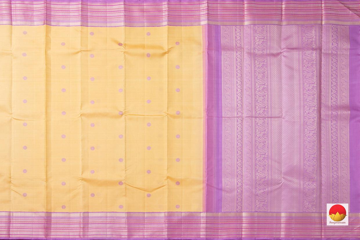 Yellow Kanchipuram Silk Saree With Lavender Border Handwoven Pure Silk Pure Zari For Wedding Wear PV NYC 919 - Silk Sari - Panjavarnam PV NYC 919