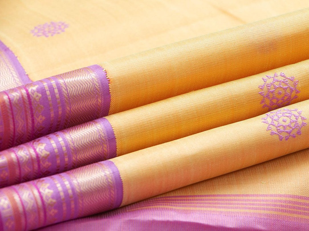 Yellow Kanchipuram Silk Saree With Lavender Border Handwoven Pure Silk Pure Zari For Wedding Wear PV NYC 919 - Silk Sari - Panjavarnam PV NYC 919