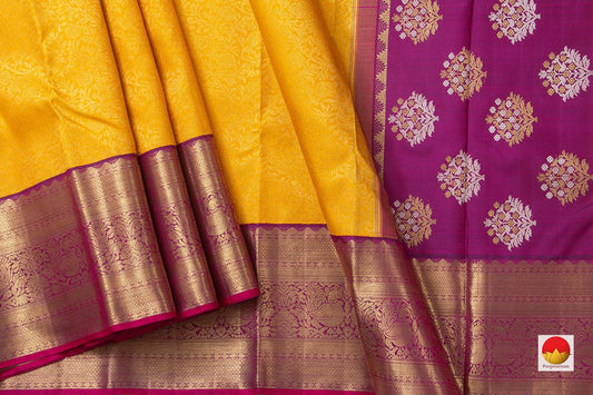 Yellow Kanchipuram Silk Saree With Magenta Korvai Border Handwoven Pure Silk Pure Zari For Bridal Wear PV NYC 959 - Silk Sari - Panjavarnam