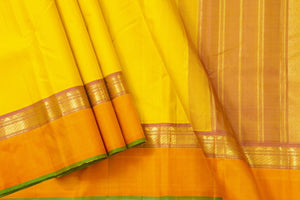 Yellow Kanchipuram Silk Saree With Medium Border Handwoven Pure Silk For Festive Wear PV J 549 - Silk Sari - Panjavarnam PV J 549