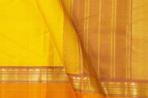 Yellow Kanchipuram Silk Saree With Medium Border Handwoven Pure Silk For Festive Wear PV J 549 - Silk Sari - Panjavarnam PV J 549