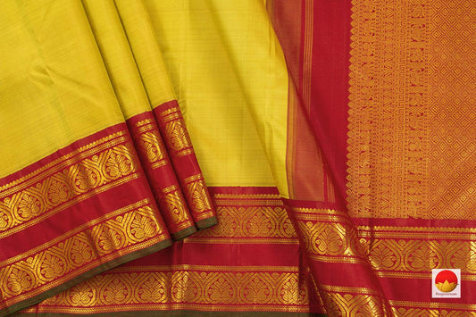 Yellow Kanchipuram Silk Saree With Red Korvai Rettai Pettu Border Handwoven Pure Silk Pure Zari For Weddings - PV J 7226 - Silk Sari - Panjavarnam