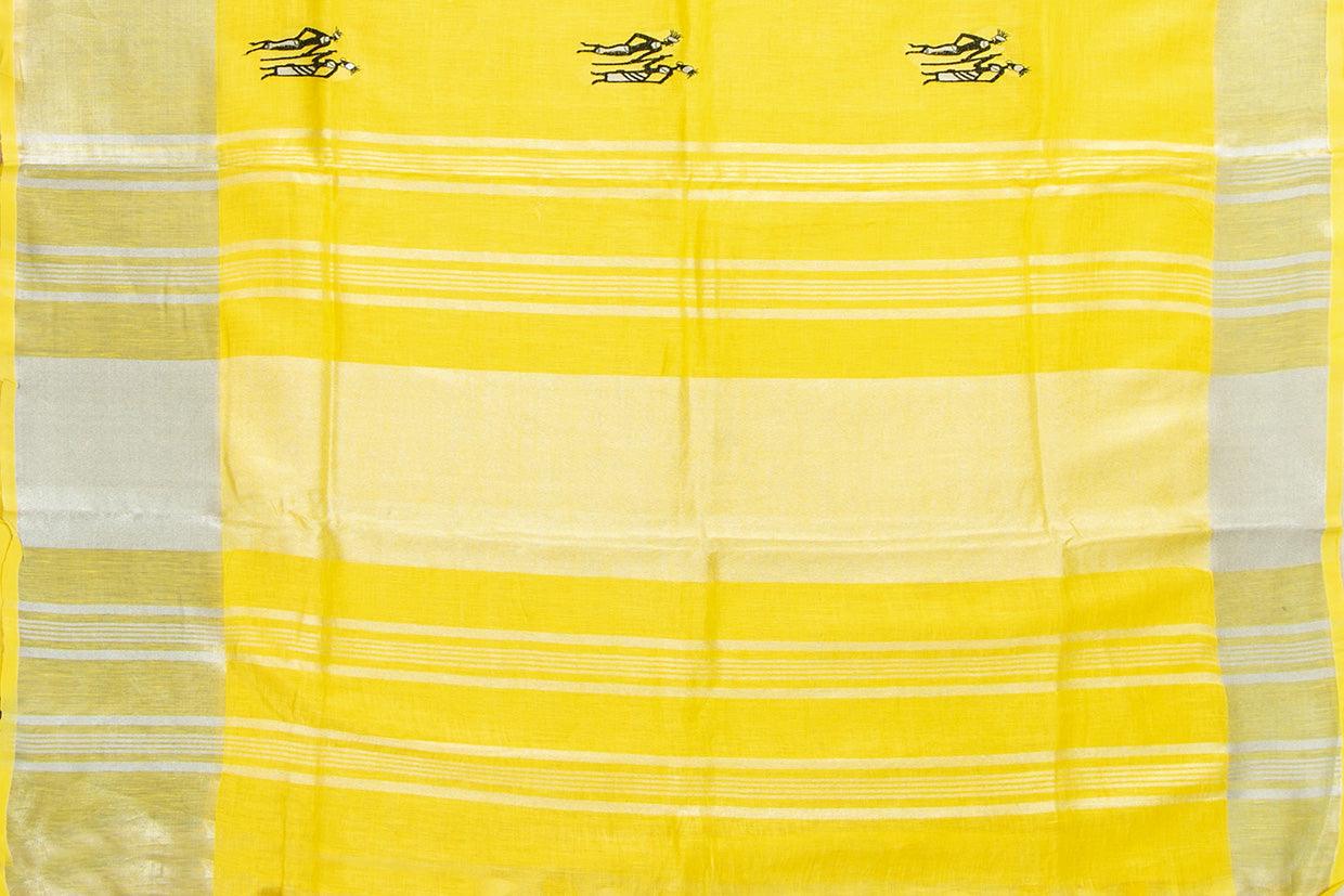 Yellow Linen Saree With Embroidery And Silver Zari Border PL 2040 - Linen Sari - Panjavarnam