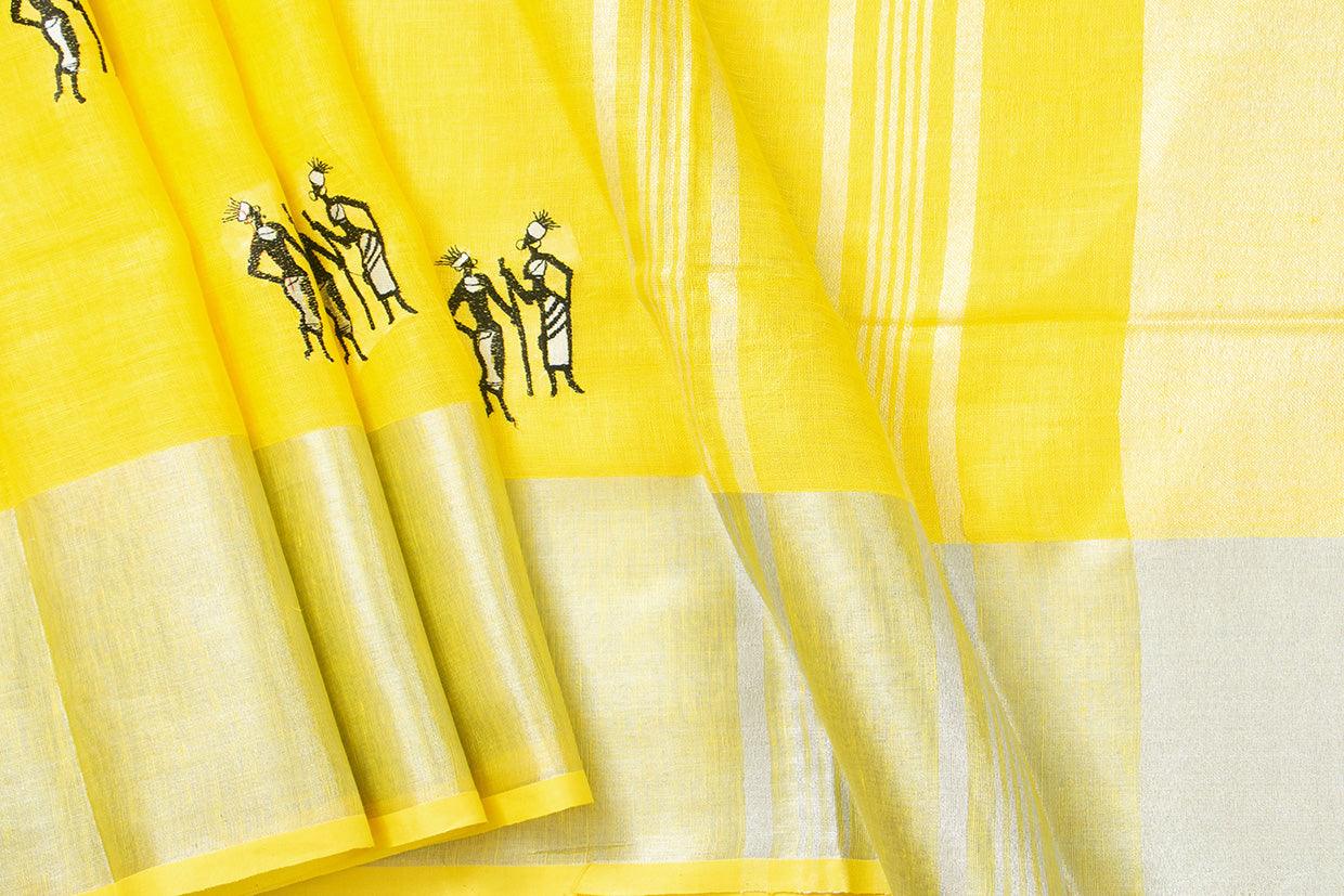 Yellow Linen Saree With Embroidery And Silver Zari Border PL 2040 - Linen Sari - Panjavarnam PL 2040