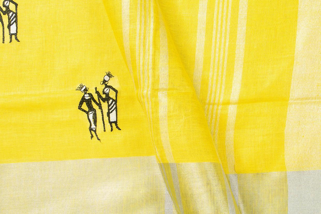 Yellow Linen Saree With Embroidery And Silver Zari Border PL 2040 - Linen Sari - Panjavarnam PL 2040