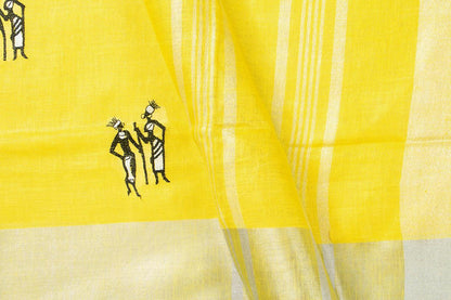 Yellow Linen Saree With Embroidery And Silver Zari Border PL 2040 - Linen Sari - Panjavarnam PL 2040