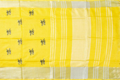 Yellow Linen Saree With Embroidery And Silver Zari Border PL 2040 - Linen Sari - Panjavarnam PL 2040