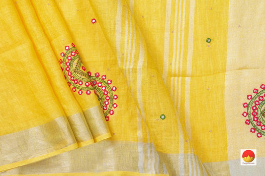 Yellow Linen Saree With Embroidery Buttas And Silver Zari Border PL 2032 - Linen Sari - Panjavarnam
