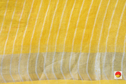 Yellow Linen Saree With Embroidery Buttas And Silver Zari Border PL 2032 - Linen Sari - Panjavarnam
