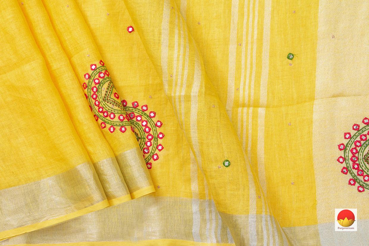 Yellow Linen Saree With Embroidery Buttas And Silver Zari Border PL 2032 - Linen Sari - Panjavarnam PL 2032