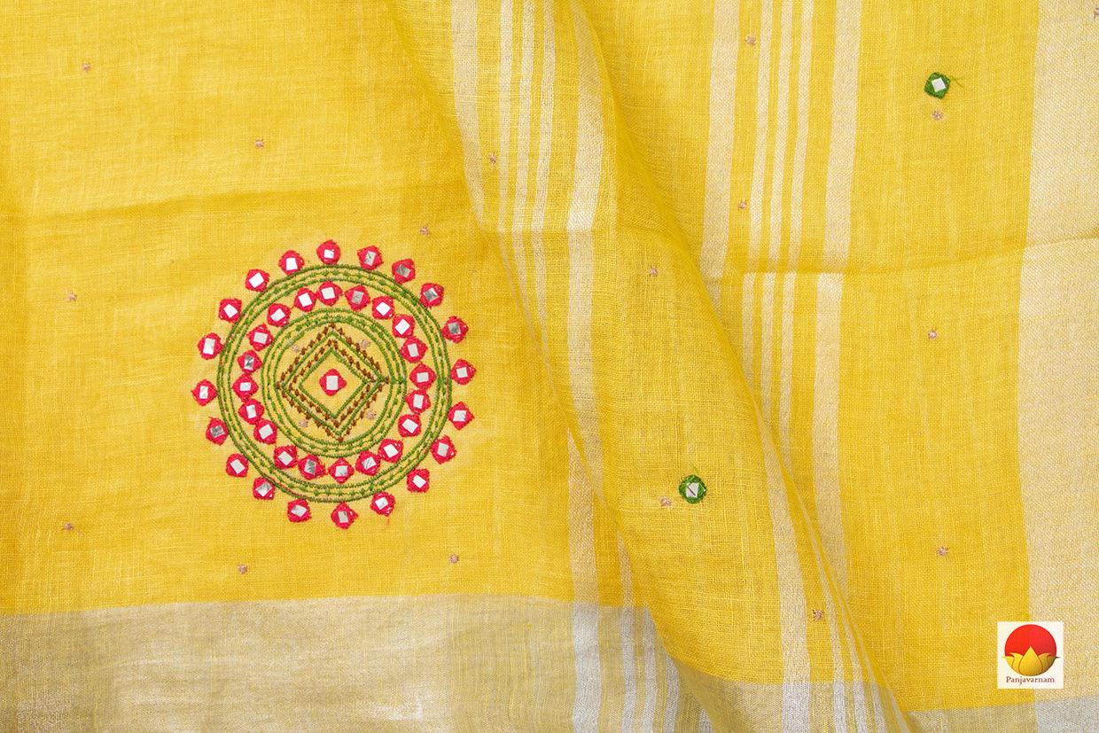 Yellow Linen Saree With Embroidery Buttas And Silver Zari Border PL 2032 - Linen Sari - Panjavarnam PL 2032