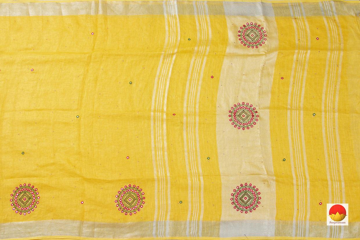 Yellow Linen Saree With Embroidery Buttas And Silver Zari Border PL 2032 - Linen Sari - Panjavarnam PL 2032