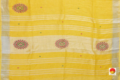 Yellow Linen Saree With Embroidery Buttas And Silver Zari Border PL 2032 - Linen Sari - Panjavarnam PL 2032