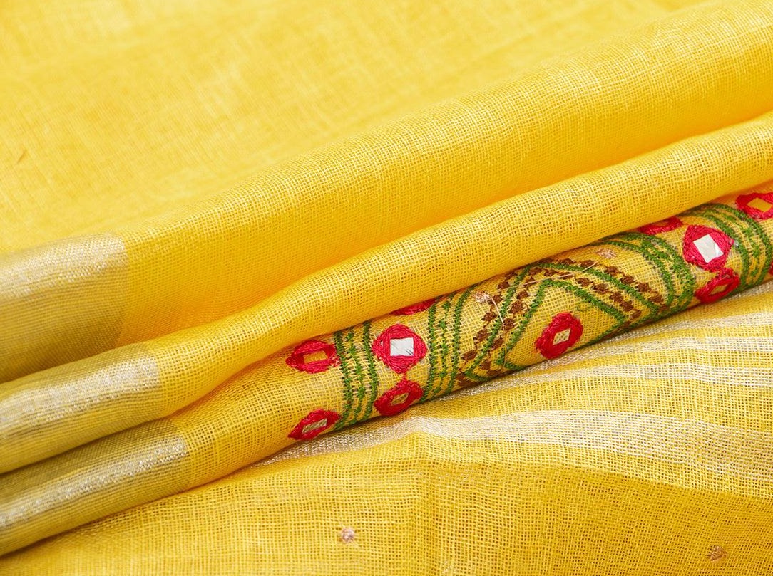 Yellow Linen Saree With Embroidery Buttas And Silver Zari Border PL 2032 - Linen Sari - Panjavarnam PL 2032